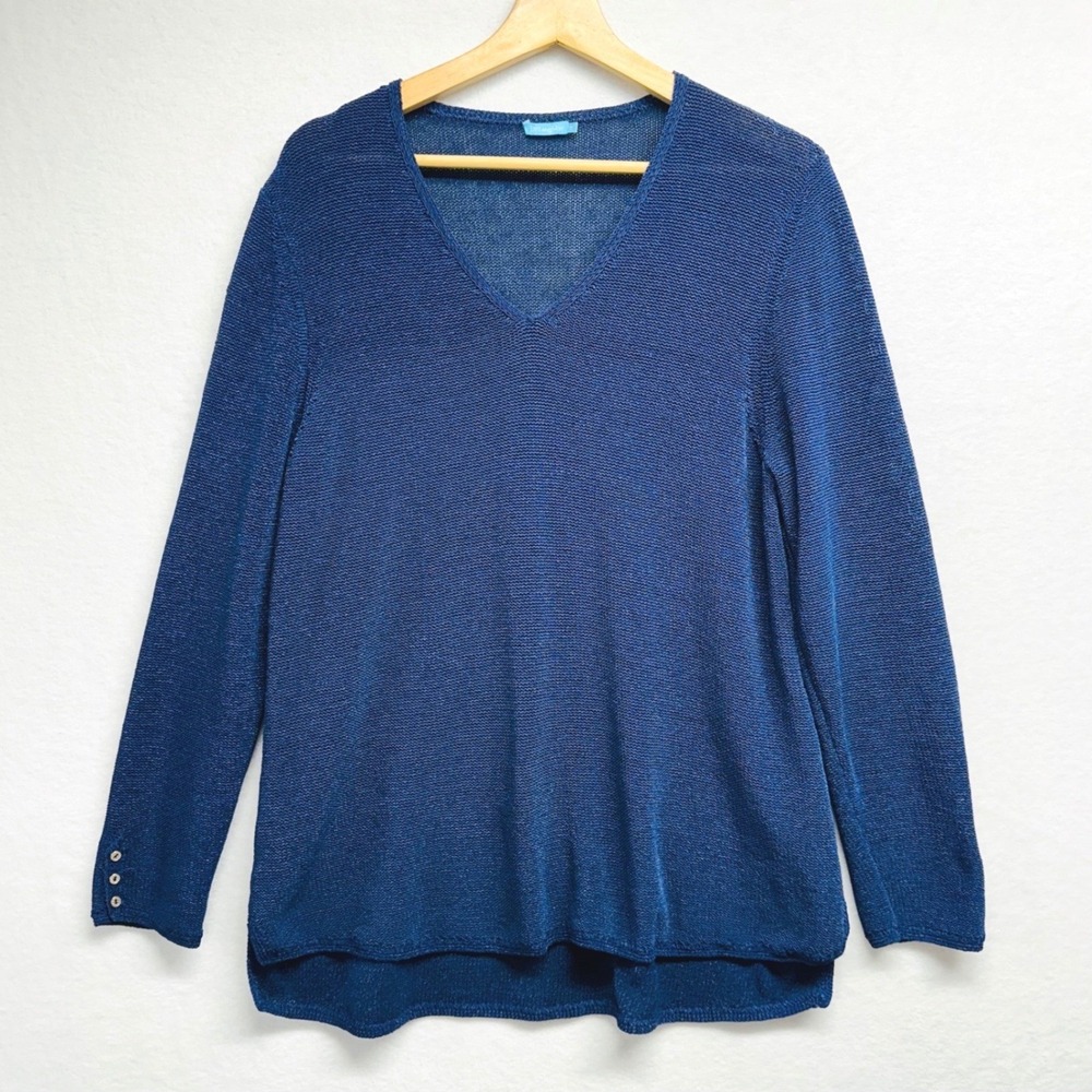 J McLaughlin Navy Blue V Neck Long Sleeve Open Knit Sweater Tunic Top Women's XL